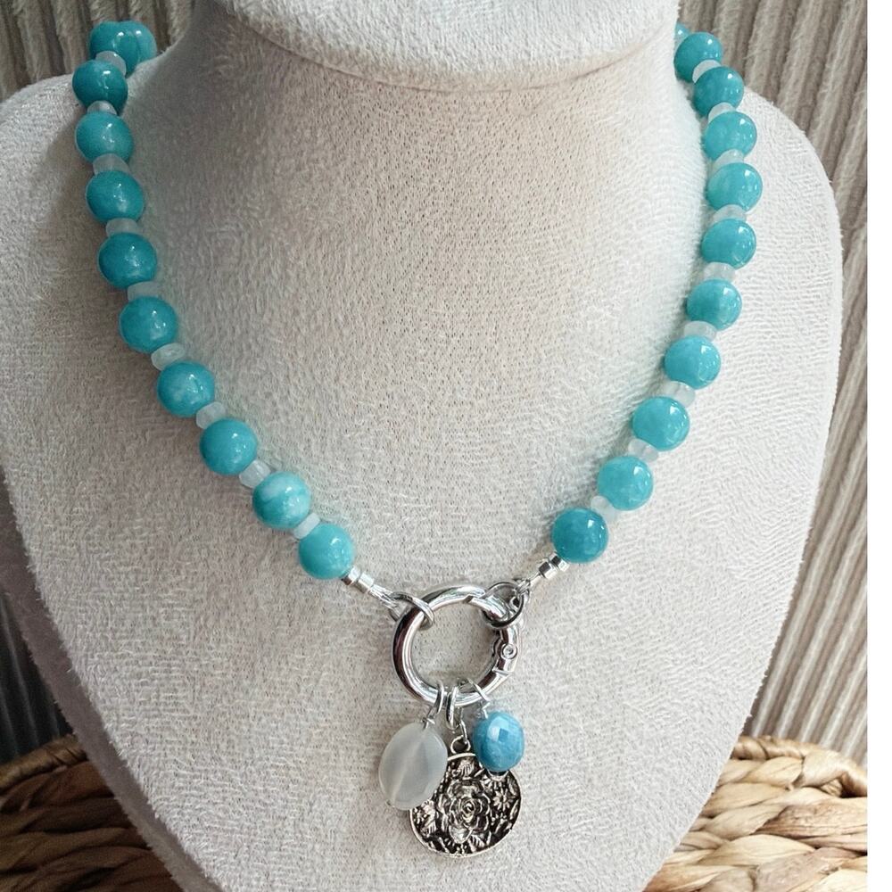 19" Beaded Gemstone Necklace, Rainbow Moonstone and Jade, Neon Blue Apetite